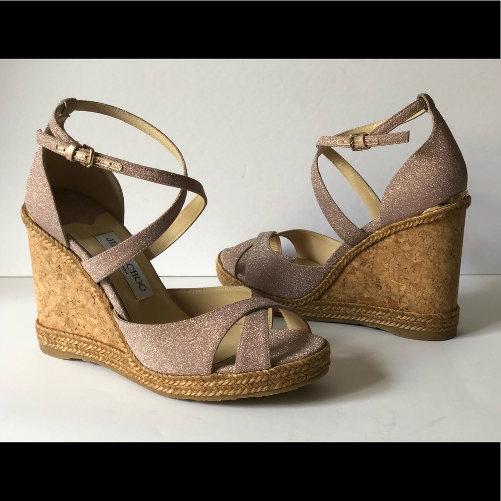 JIMMY CHOO ALANAH PINK GLITTER ESPADRILLE WEDGE
